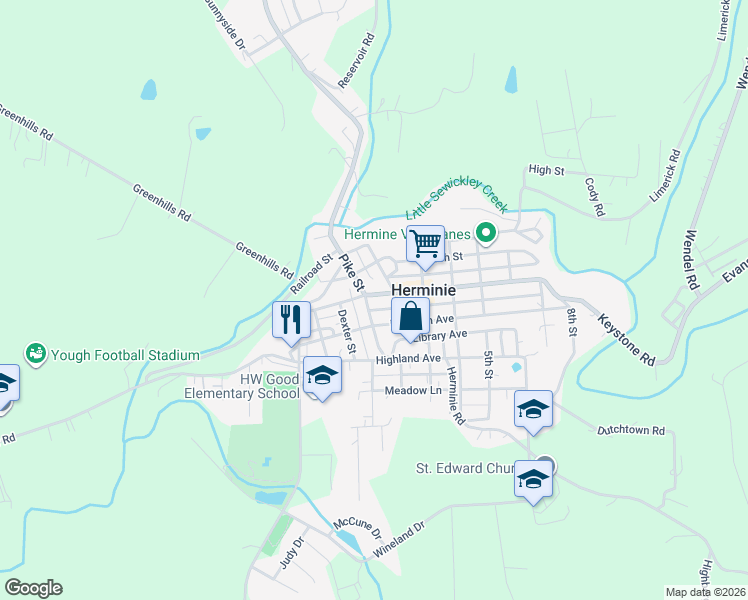 map of restaurants, bars, coffee shops, grocery stores, and more near in Herminie