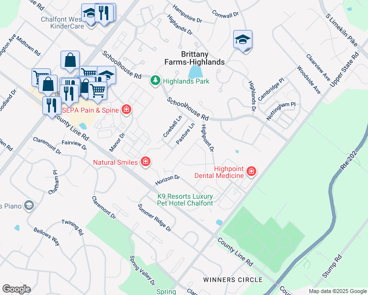 map of restaurants, bars, coffee shops, grocery stores, and more near 261 Foxhedge Road in Chalfont