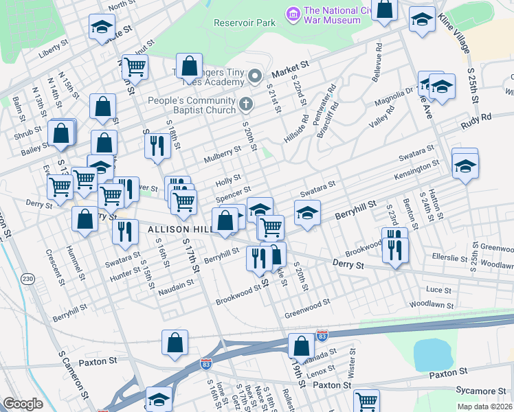 map of restaurants, bars, coffee shops, grocery stores, and more near 1945 Swatara Street in Harrisburg