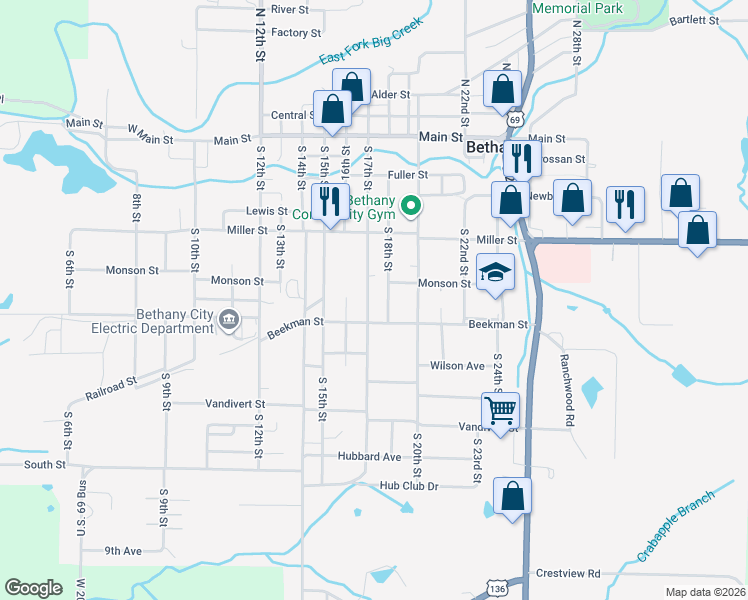 map of restaurants, bars, coffee shops, grocery stores, and more near S 17th St in Bethany