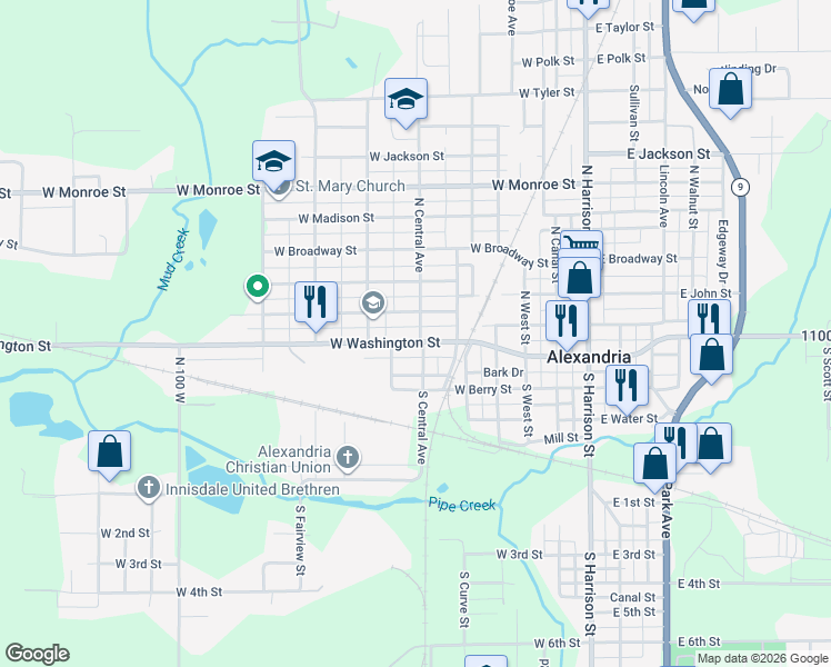 map of restaurants, bars, coffee shops, grocery stores, and more near 605 West Washington Street in Alexandria