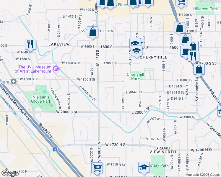 map of restaurants, bars, coffee shops, grocery stores, and more near 74 East Park Lane in Orem