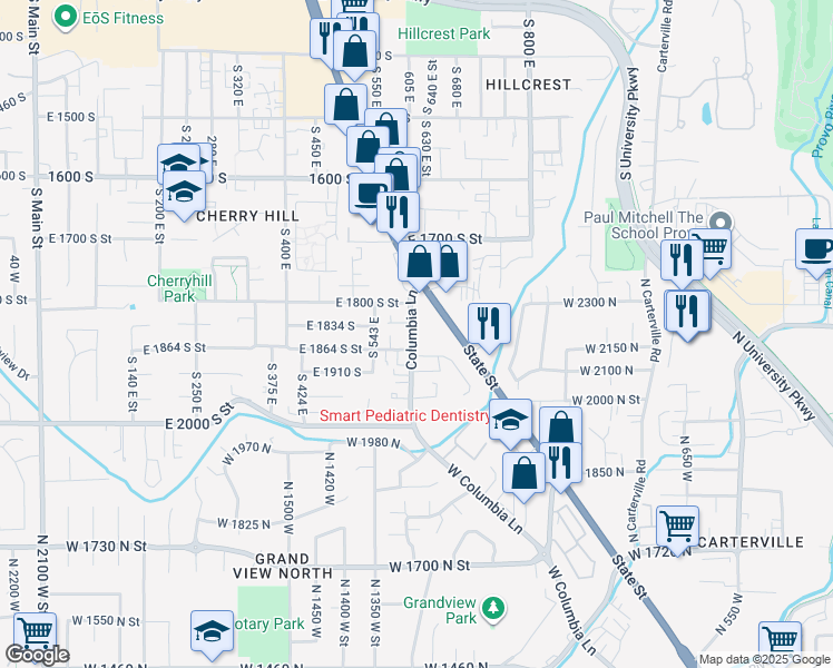 map of restaurants, bars, coffee shops, grocery stores, and more near 1854 South Columbia Lane in Orem
