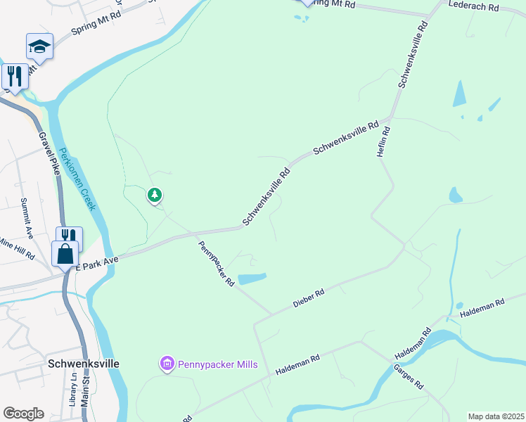 map of restaurants, bars, coffee shops, grocery stores, and more near 280 Schwenksville Road in Schwenksville
