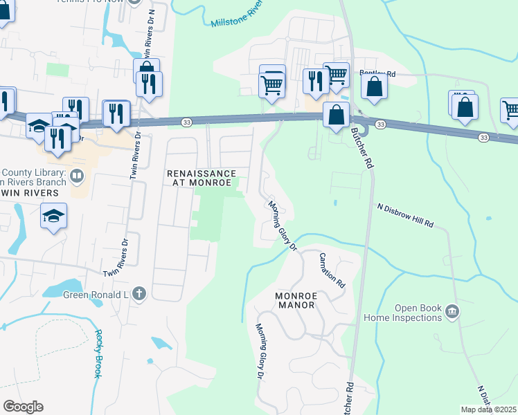 map of restaurants, bars, coffee shops, grocery stores, and more near 1021 Morning Glory Drive in Monroe Township