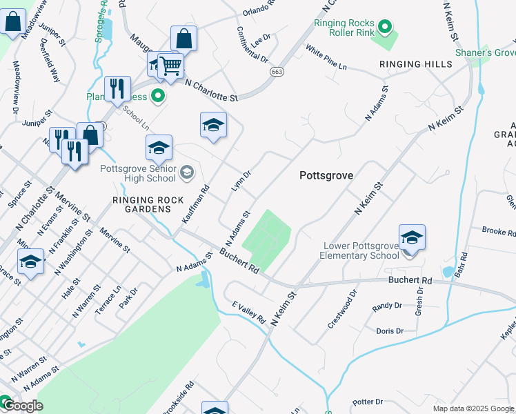 map of restaurants, bars, coffee shops, grocery stores, and more near 1346 North Adams Street in Pottstown