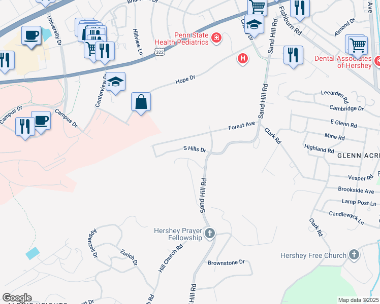 map of restaurants, bars, coffee shops, grocery stores, and more near 60 South Hills Drive in Hershey