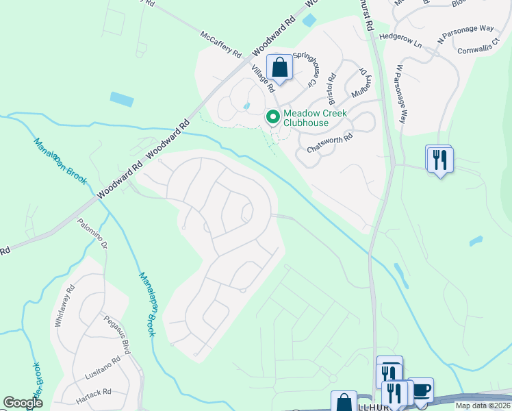 map of restaurants, bars, coffee shops, grocery stores, and more near 36 Riva Ridge Road in Manalapan Township