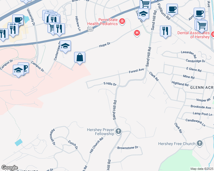 map of restaurants, bars, coffee shops, grocery stores, and more near 60 South Hills Drive in Hershey