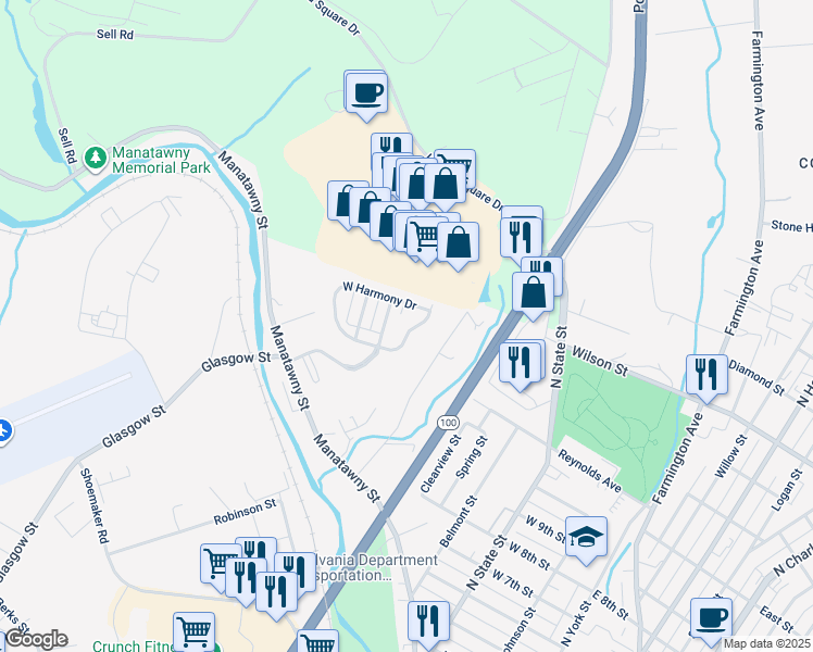 map of restaurants, bars, coffee shops, grocery stores, and more near 98 West Harmony Drive in Pottstown