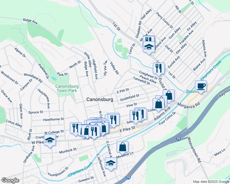 map of restaurants, bars, coffee shops, grocery stores, and more near 420 Greenside Avenue in Canonsburg