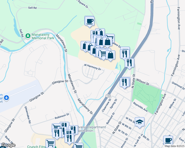 map of restaurants, bars, coffee shops, grocery stores, and more near 1535 Glasgow Street in Pottstown