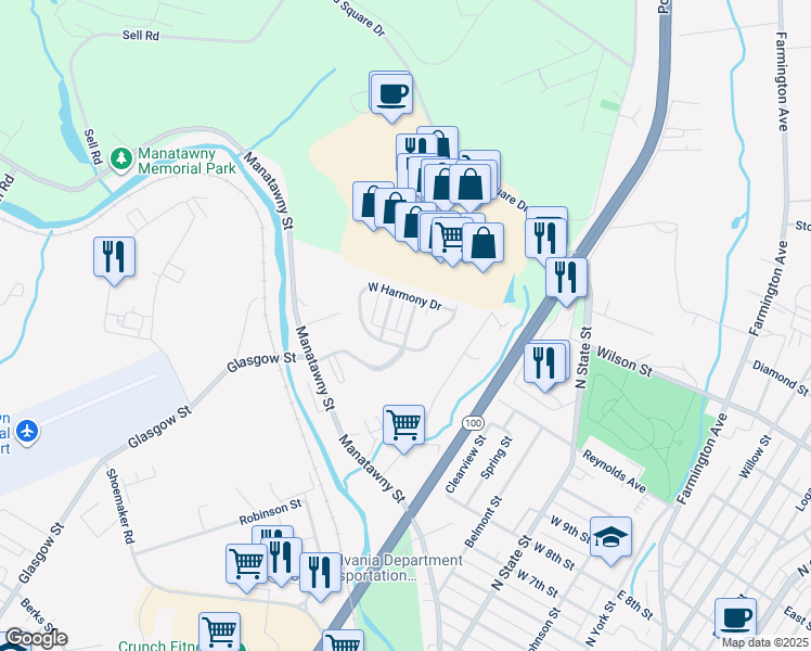 map of restaurants, bars, coffee shops, grocery stores, and more near 1535 Glasgow Street in Pottstown
