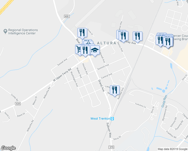 map of restaurants, bars, coffee shops, grocery stores, and more near 535 Grand Avenue in Trenton