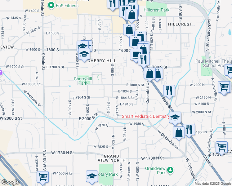 map of restaurants, bars, coffee shops, grocery stores, and more near 414 East 1834 South in Orem