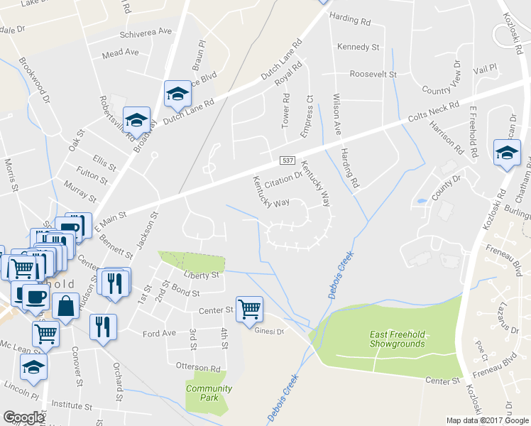 map of restaurants, bars, coffee shops, grocery stores, and more near 26 Kentucky Way in Freehold