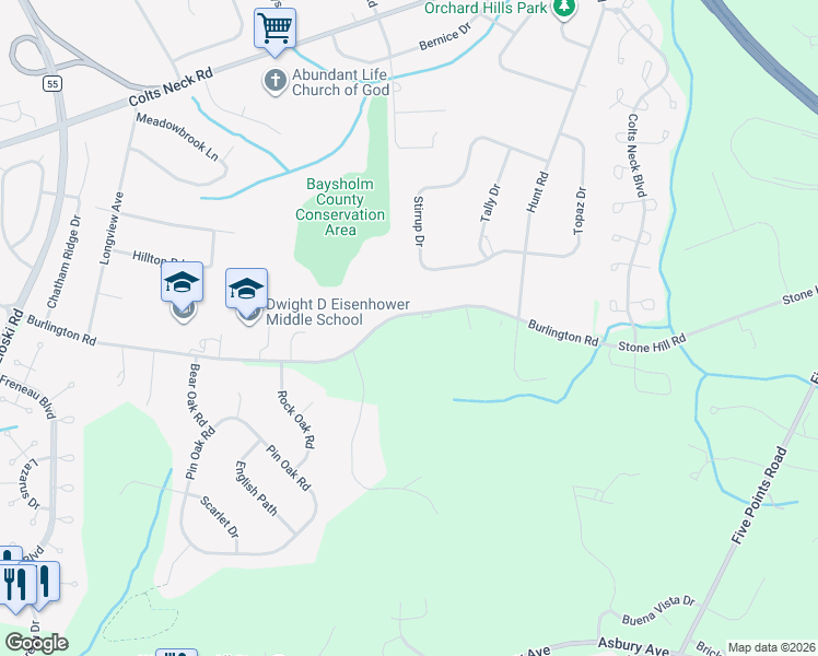 map of restaurants, bars, coffee shops, grocery stores, and more near 420 Burlington Road in Freehold Township
