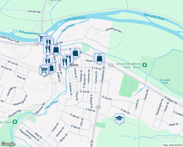 map of restaurants, bars, coffee shops, grocery stores, and more near 128 South Walnut Street in Birdsboro