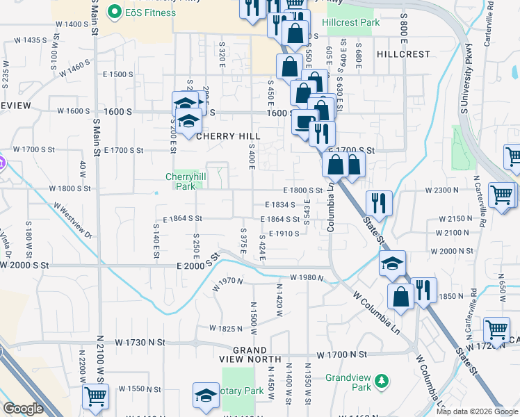 map of restaurants, bars, coffee shops, grocery stores, and more near 414 East 1834 South in Orem