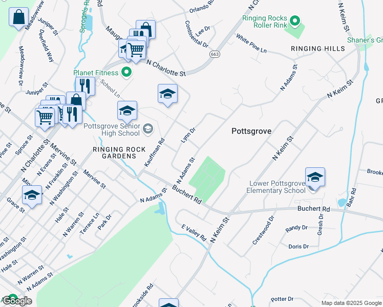 map of restaurants, bars, coffee shops, grocery stores, and more near 1333 North Adams Street in Pottstown