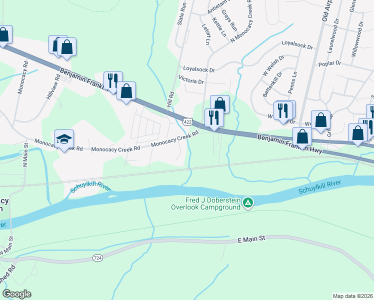 map of restaurants, bars, coffee shops, grocery stores, and more near 7 Thalia Lane in Birdsboro