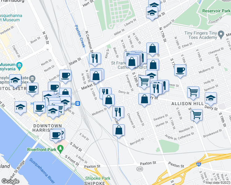 map of restaurants, bars, coffee shops, grocery stores, and more near 125 Sylvan Terrace in Harrisburg