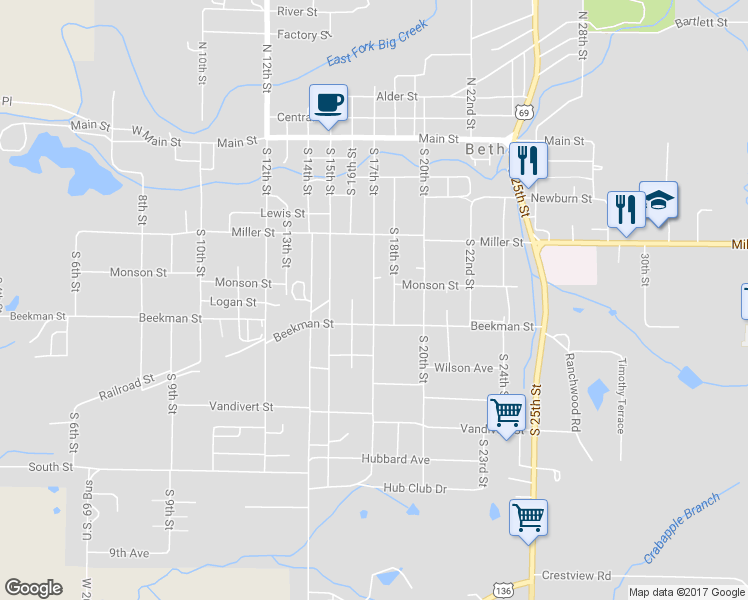 map of restaurants, bars, coffee shops, grocery stores, and more near South 17th Street in Bethany