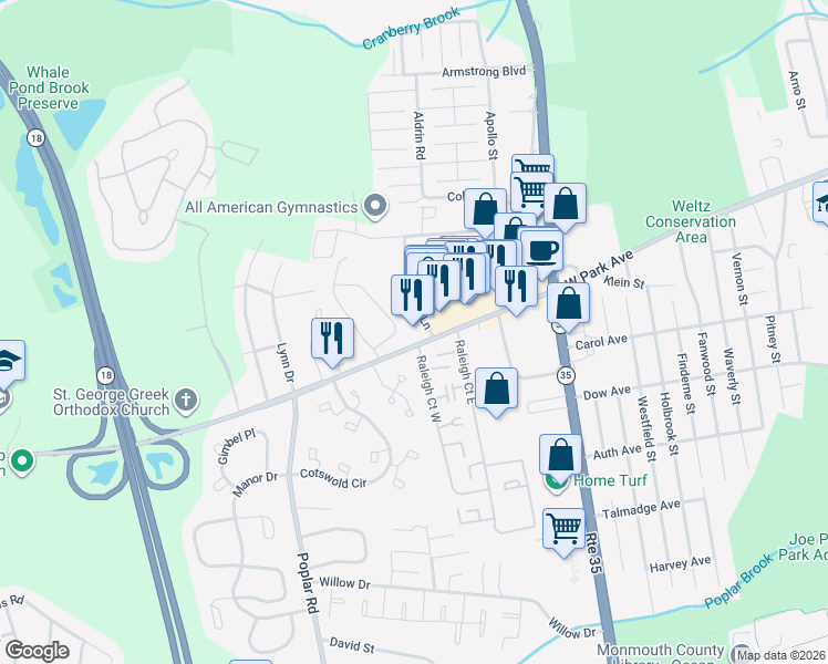 map of restaurants, bars, coffee shops, grocery stores, and more near 905 West Park Avenue in Monmouth County