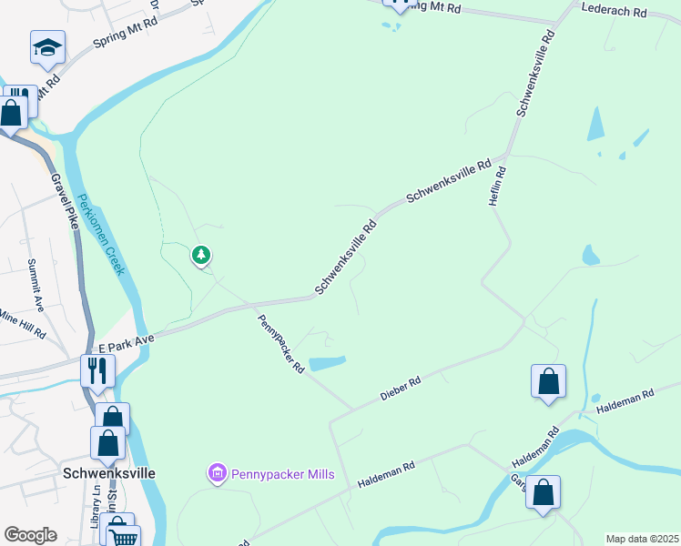 map of restaurants, bars, coffee shops, grocery stores, and more near 280 Schwenksville Road in Schwenksville