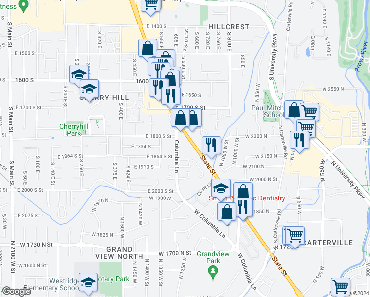 map of restaurants, bars, coffee shops, grocery stores, and more near 1863 Terrace Drive in Orem
