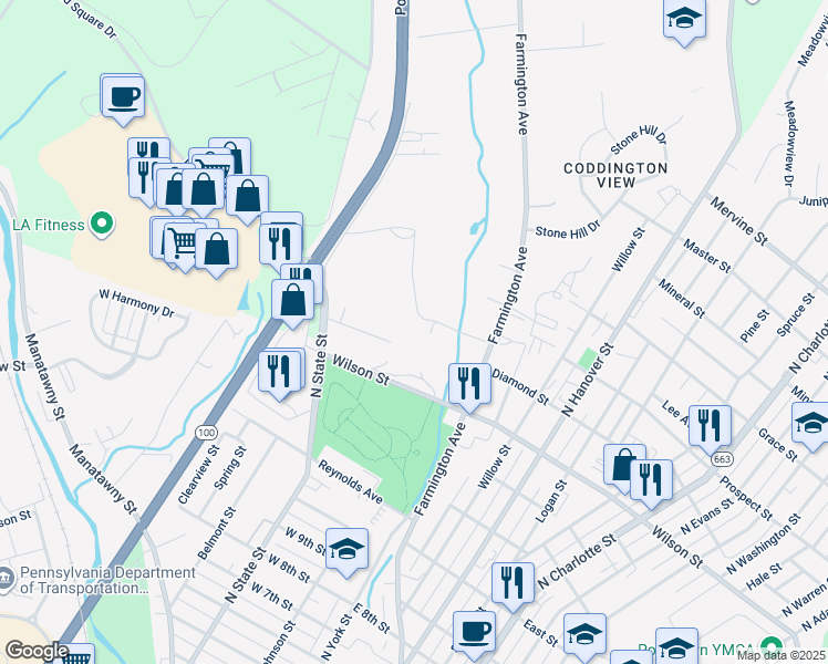 map of restaurants, bars, coffee shops, grocery stores, and more near 24 Coolidge Street in Pottstown
