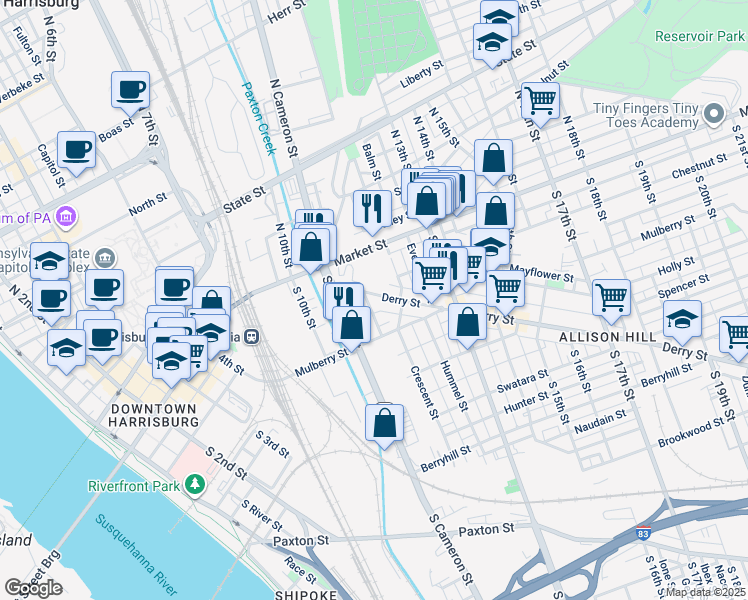 map of restaurants, bars, coffee shops, grocery stores, and more near in Harrisburg