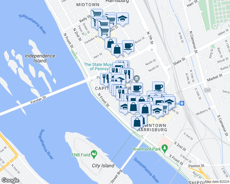 map of restaurants, bars, coffee shops, grocery stores, and more near 131 State Street in Harrisburg