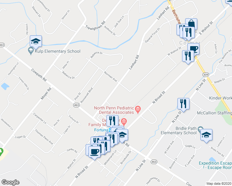 map of restaurants, bars, coffee shops, grocery stores, and more near 2169 Lenhart Road in Hatfield