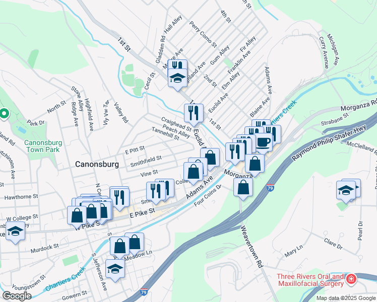map of restaurants, bars, coffee shops, grocery stores, and more near 264 Smithfield Street in Canonsburg
