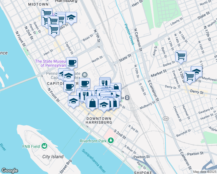 map of restaurants, bars, coffee shops, grocery stores, and more near 423 Walnut Street in Harrisburg
