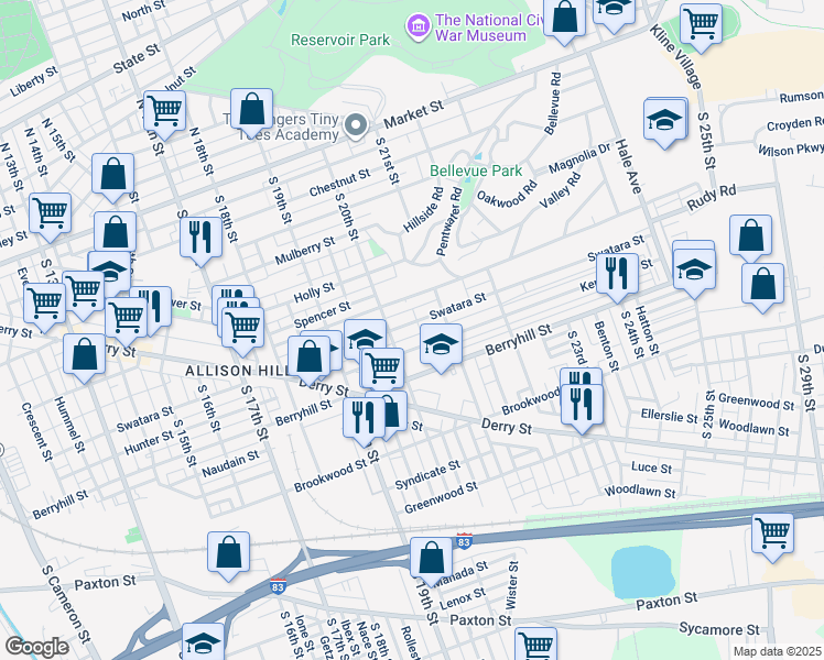 map of restaurants, bars, coffee shops, grocery stores, and more near 2019 Swatara Street in Harrisburg