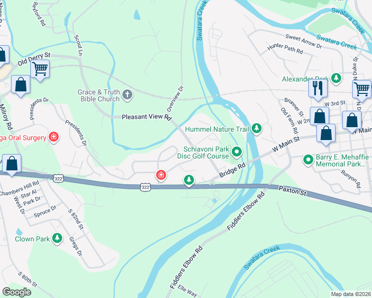 map of restaurants, bars, coffee shops, grocery stores, and more near 8739 Washington Circle in Hummelstown