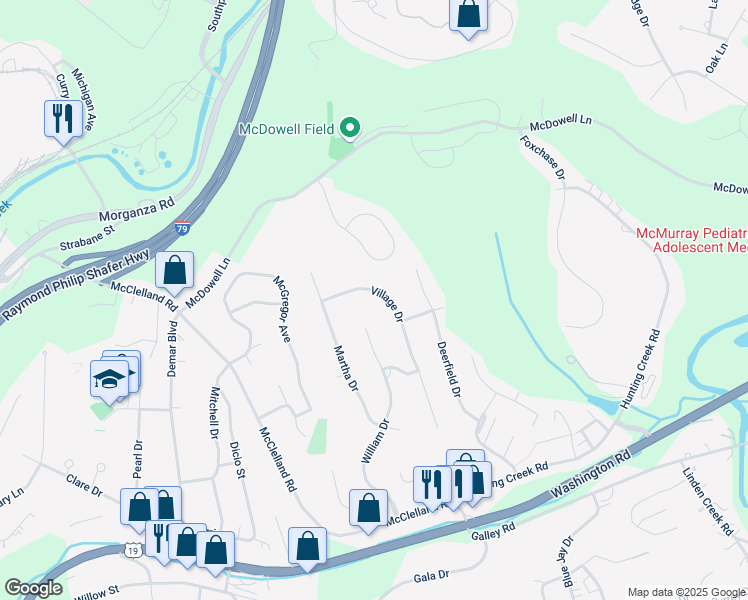 map of restaurants, bars, coffee shops, grocery stores, and more near 298 William Drive in Canonsburg