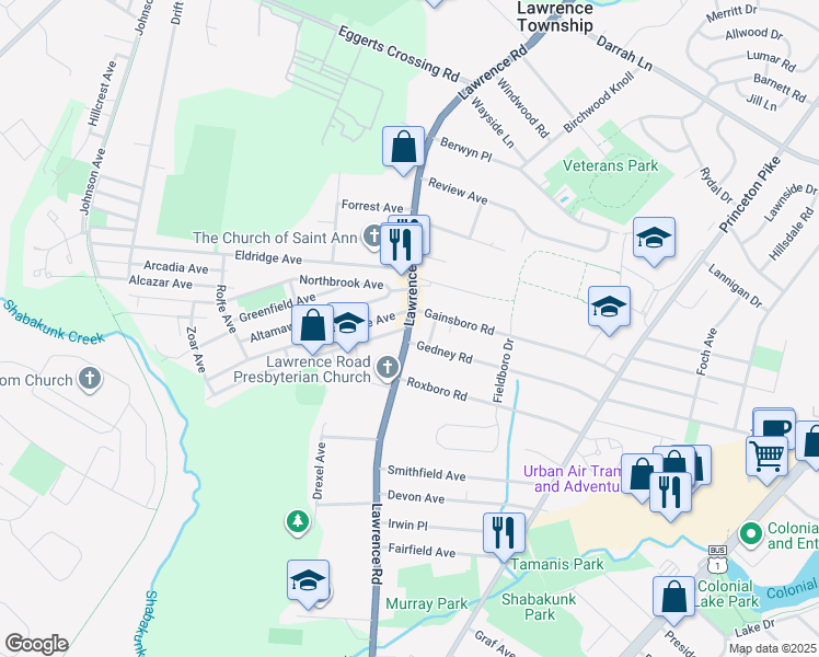 map of restaurants, bars, coffee shops, grocery stores, and more near 1132 Lawrenceville Road in Lawrence Township