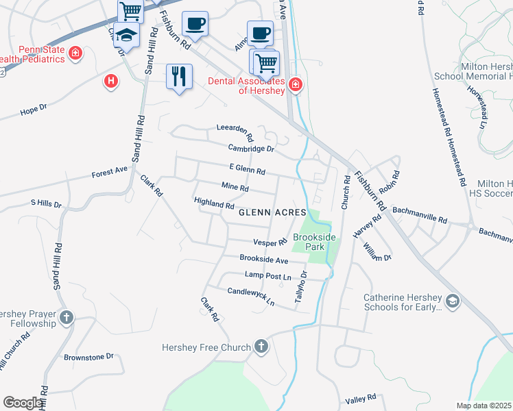map of restaurants, bars, coffee shops, grocery stores, and more near 259 Highland Road in Hershey