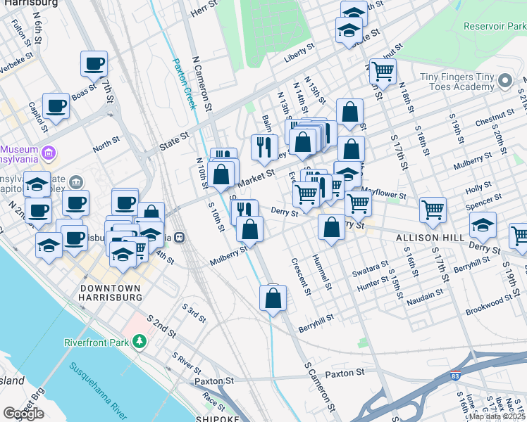map of restaurants, bars, coffee shops, grocery stores, and more near 121 Sylvan Terrace in Harrisburg