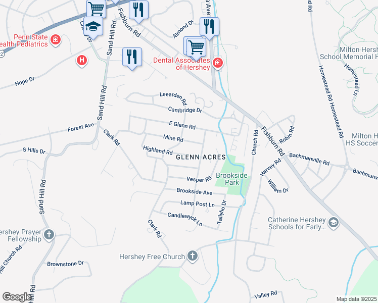 map of restaurants, bars, coffee shops, grocery stores, and more near 259 Highland Road in Hershey