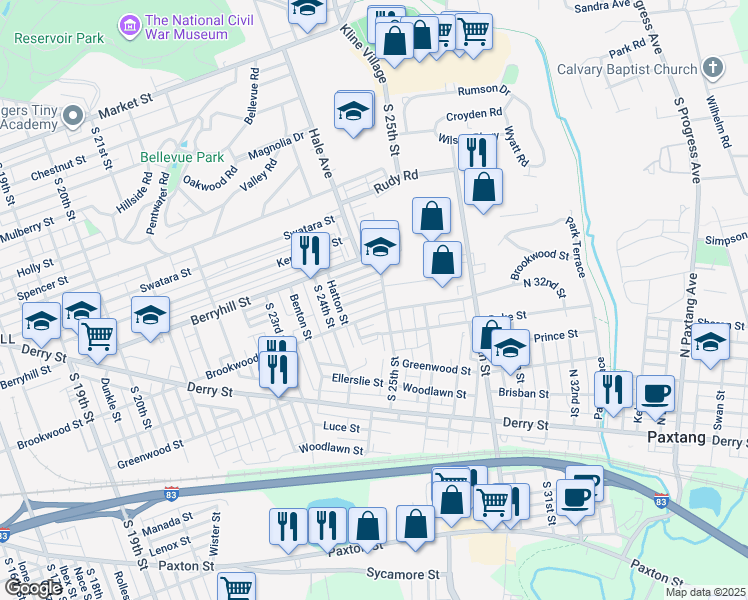 map of restaurants, bars, coffee shops, grocery stores, and more near 2461 Mercer Street in Harrisburg