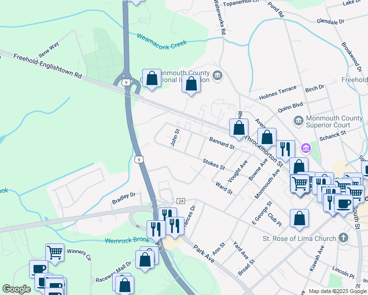 map of restaurants, bars, coffee shops, grocery stores, and more near in Freehold