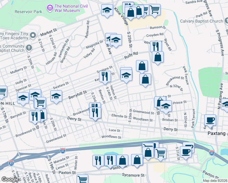 map of restaurants, bars, coffee shops, grocery stores, and more near 535 South 24th Street in Harrisburg