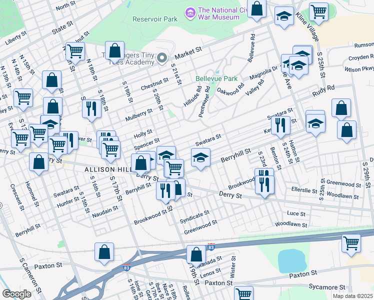 map of restaurants, bars, coffee shops, grocery stores, and more near 2019 Swatara Street in Harrisburg