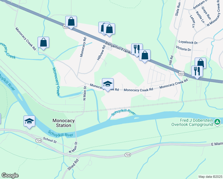 map of restaurants, bars, coffee shops, grocery stores, and more near 576 Monocacy Creek Road in Birdsboro