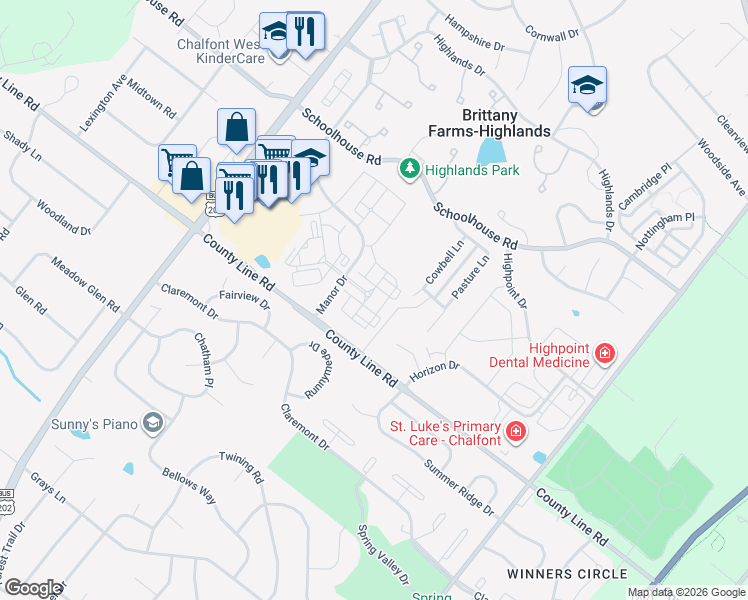 map of restaurants, bars, coffee shops, grocery stores, and more near 33 Pasture Lane in Chalfont