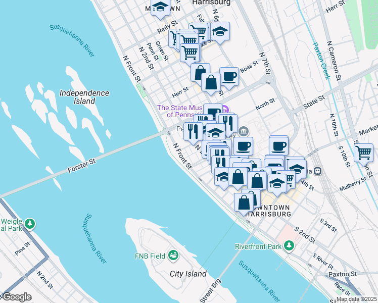 map of restaurants, bars, coffee shops, grocery stores, and more near 115 North Street in Harrisburg